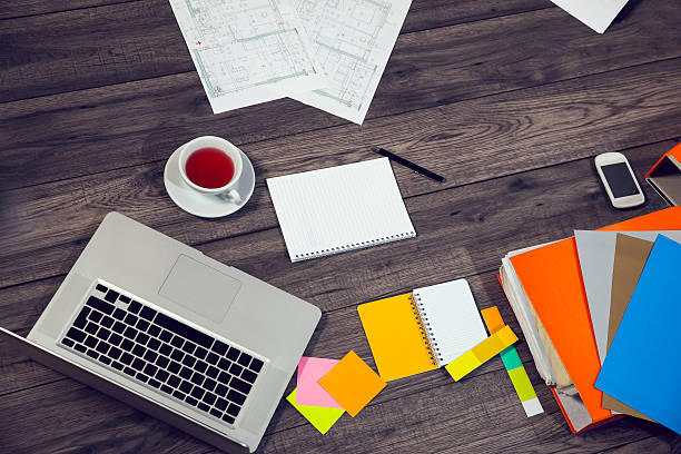istock Desktop mix on a wooden office table 467143532