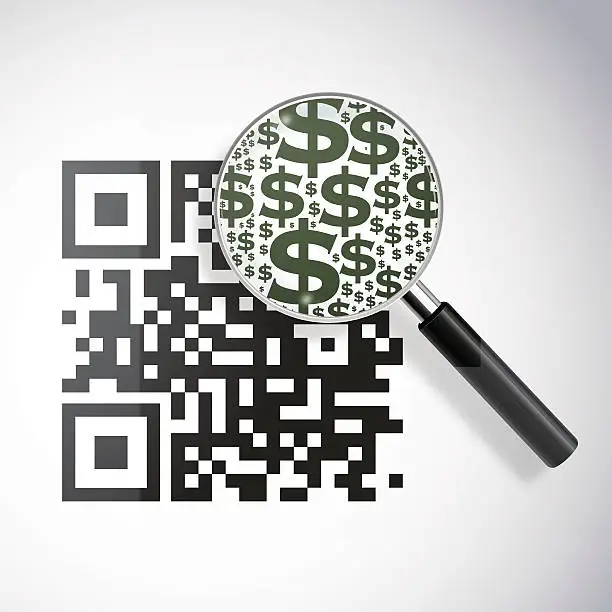 Vector illustration of QRcode with magnifying lens and dollar signs