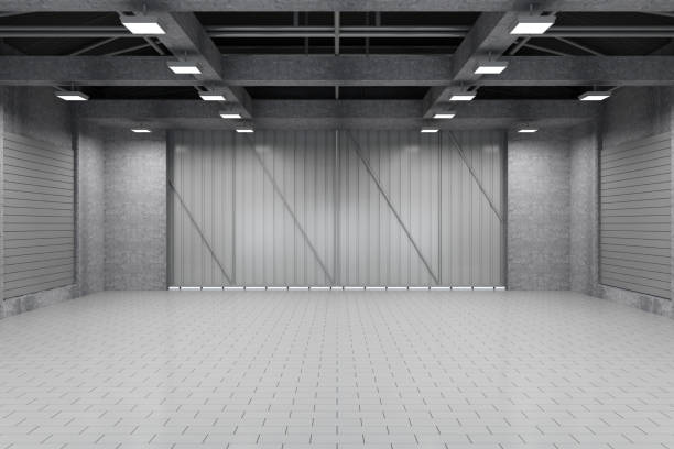 istock Modern Storehouse 3D Interior with Closed Doors 467143780