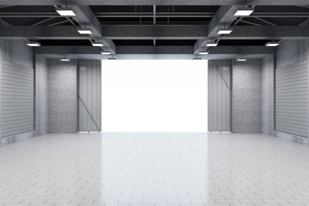 istock Modern Storehouse 3D Interior with Opened Doors 467143782