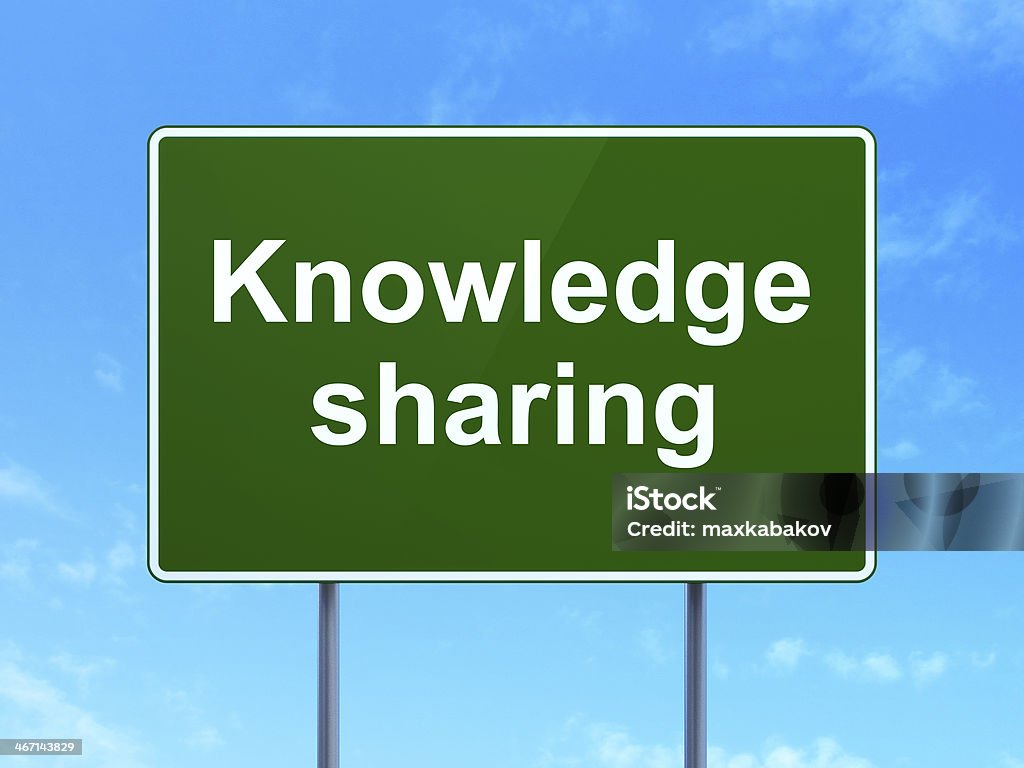 Education concept: Knowledge Sharing on road sign background Education concept: Knowledge Sharing on green road (highway) sign, clear blue sky background, 3d render Assistance Stock Photo