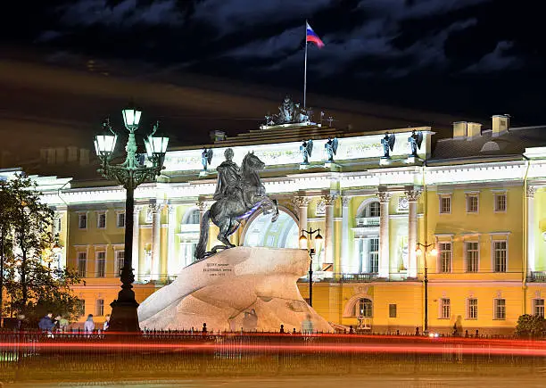 Illuminated Monument of Piter First, Medniy horseman, in Saint-Petersburg, night dark time