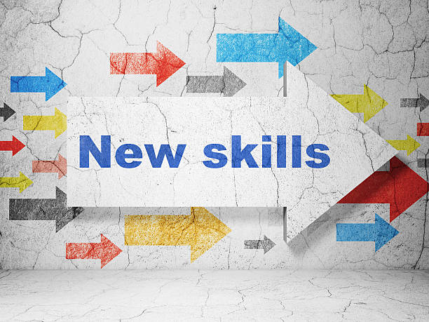 Education concept: arrow with New Skills on grunge wall background