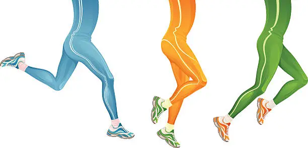Vector illustration of Set of 3 illustrated running legs in blue, orange & green