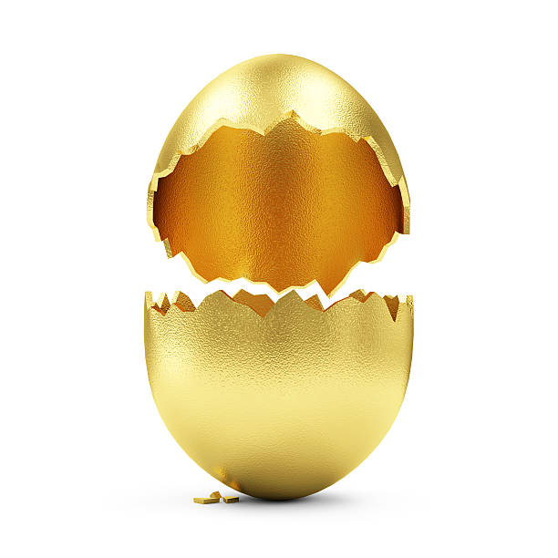 vazio ovo quebrado grande dourado isolado no fundo branco - beautiful enjoyment surprise elegance - fotografias e filmes do acervo