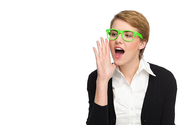 istock Shouting beautiful young woman in green glasses. 467148683