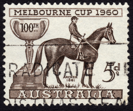 Australian postage stamp ca. 1960 commemorating the 100th edition of the Melbourne Cup horse race