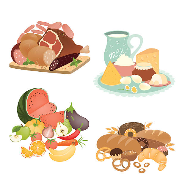 Collection of vector food items Collection of food items. Vector isolated illustration apple pie cheese stock illustrations