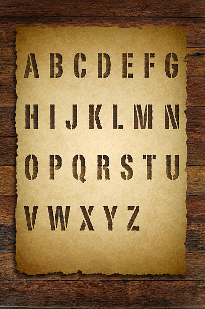 Alphabet wooden font on wood boards background stock photo