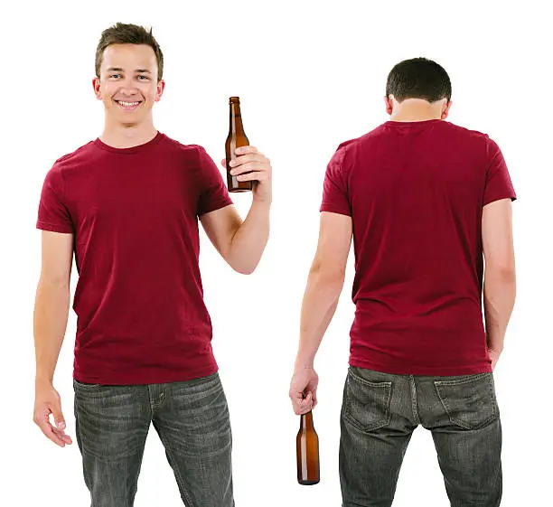 Photo of Male with blank burgundy shirt and drinking beer