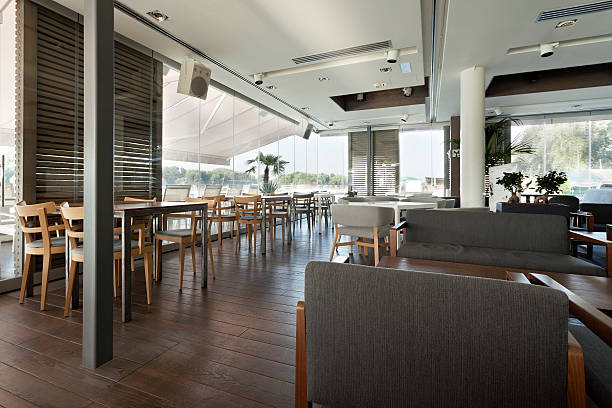 istock Interior of an elegant riverside cafe 467159296