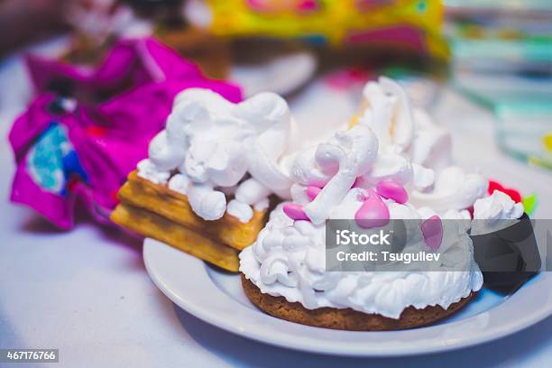Making Beautiful Multicolored Decorated Sweet Tasty Cupcake Dessert On Party Stock Photo - Download Image Now
