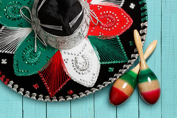 istock Multi Colored Sombrero With Maracas on Blue Wood Background 467179582