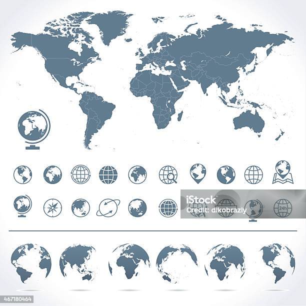 World Map Globes Icons And Symbols Illustration Stock Illustration - Download Image Now - Globe - Navigational Equipment, Map, Navigational Compass