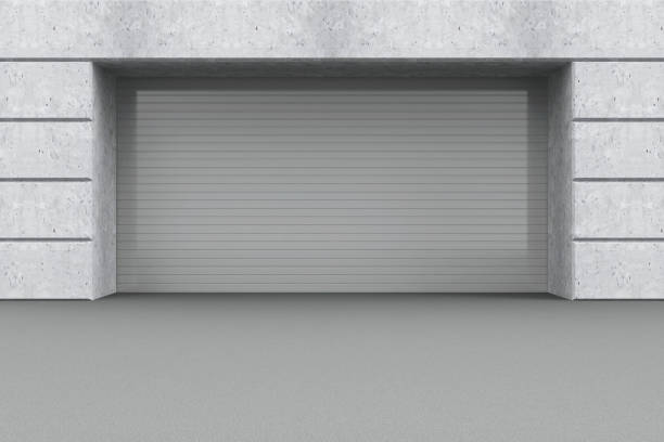 istock Front View of a Garage 3D Interior with Closed Door 467184588