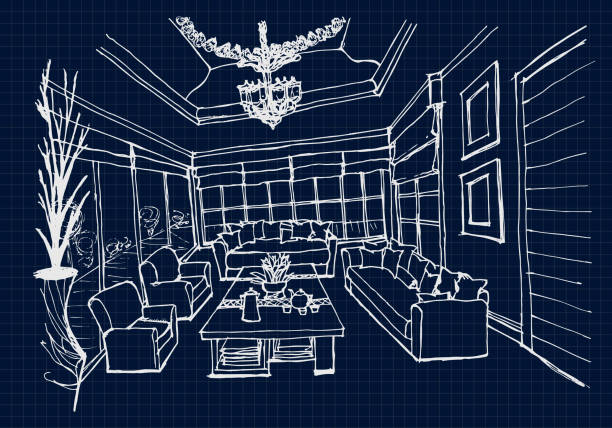 Hand drawing Interior Design for living room Hand drawing Interior Design for living room on blue print background, Vector recessed light stock illustrations