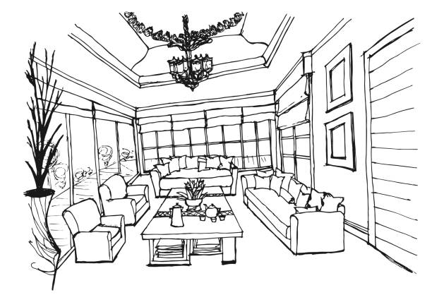 Hand drawing Interior Design for living room on white background Hand drawing Interior Design for living room on white background recessed light stock illustrations