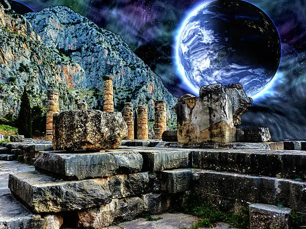An illustration of the Apollo temple at Delphi with a blue planet in the space