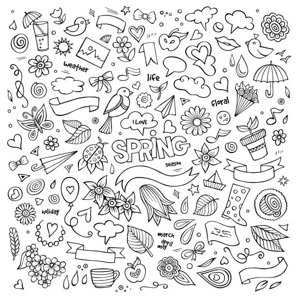 ilustrações de stock, clip art, desenhos animados e ícones de natureza primavera mão desenhada vector símbolos e objectos - may floral pattern spring april