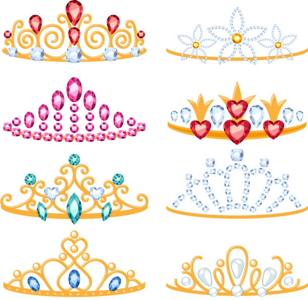 ilustrações de stock, clip art, desenhos animados e ícones de conjunto de beautyful tiaras dourado com gemstones. - diadem red green blue