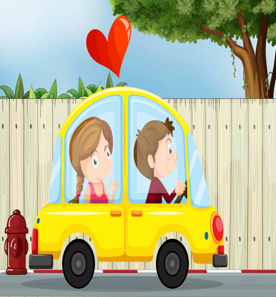 paar im gelben auto - love teamwork cooperation machine stock-grafiken, -clipart, -cartoons und -symbole