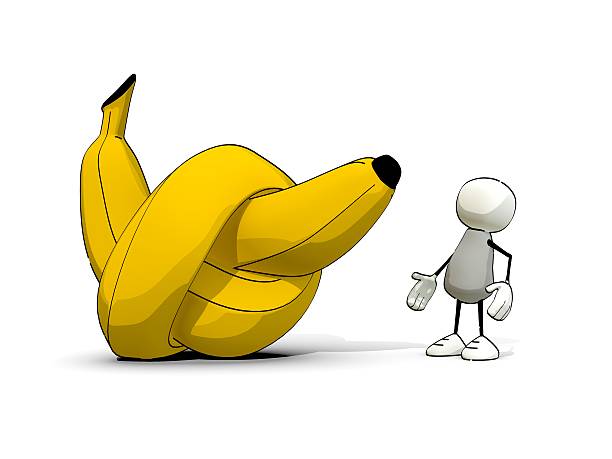 little skizzierte mann mit großen geknoteten banana - merken stock-fotos und bilder