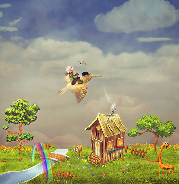 istock Boy with pelican in the sky ,small cute  village 467200726