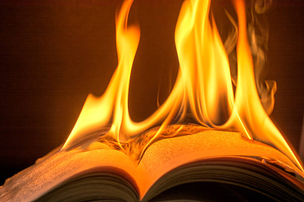 Burning book with brilliant flames and copy space- black background. Burning from middle pages of a book with big, strong, brilliant yellow flames, which seemingly are going to burn for a while until the whole book turns to a splash of complete ash. A corner, or fire space with dark black background. Only fire lights up the space book burning stock pictures, royalty-free photos & images