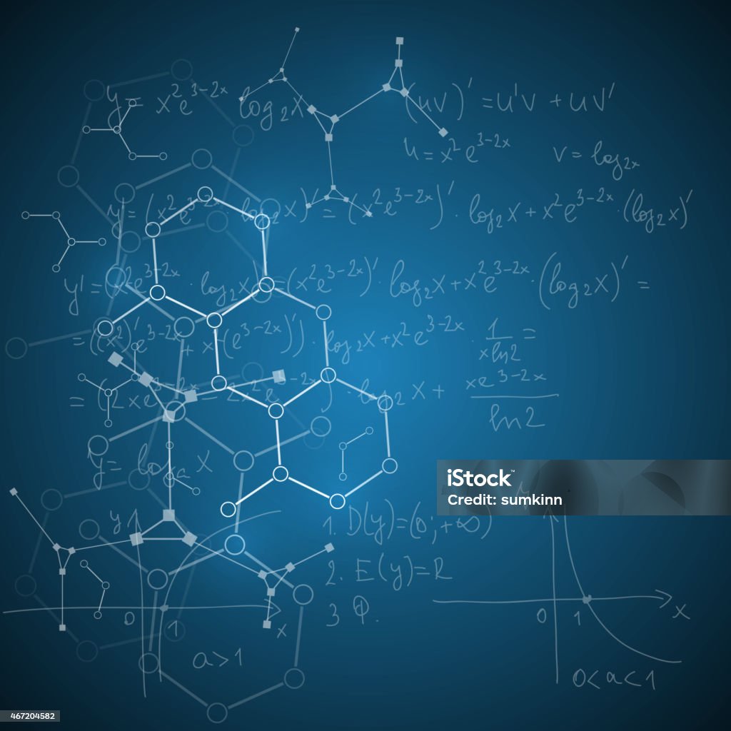 Abstract scientific math background Abstract Background with mathematical formulas, calculations, graphs, proof, DNA molecule structure and scientific research.. genetic and chemical compounds  Mathematical Formula stock vector