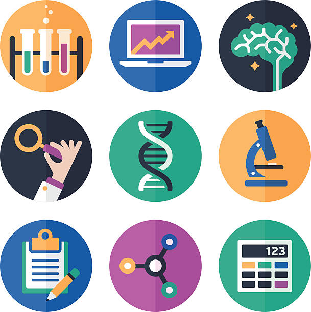 Science Symbols and Icons Science, research, mathematics and education symbols and icon collection. There are 9 symbols and icons including a set of beakers, a statistics laptop, a brain symbol and a hand holding a magnifying glass. There is also a representation of DNA, a microscope, clipboard, molecule and calculator symbol. EPS 10 file. Transparency effects used on highlight elements. science research stock illustrations