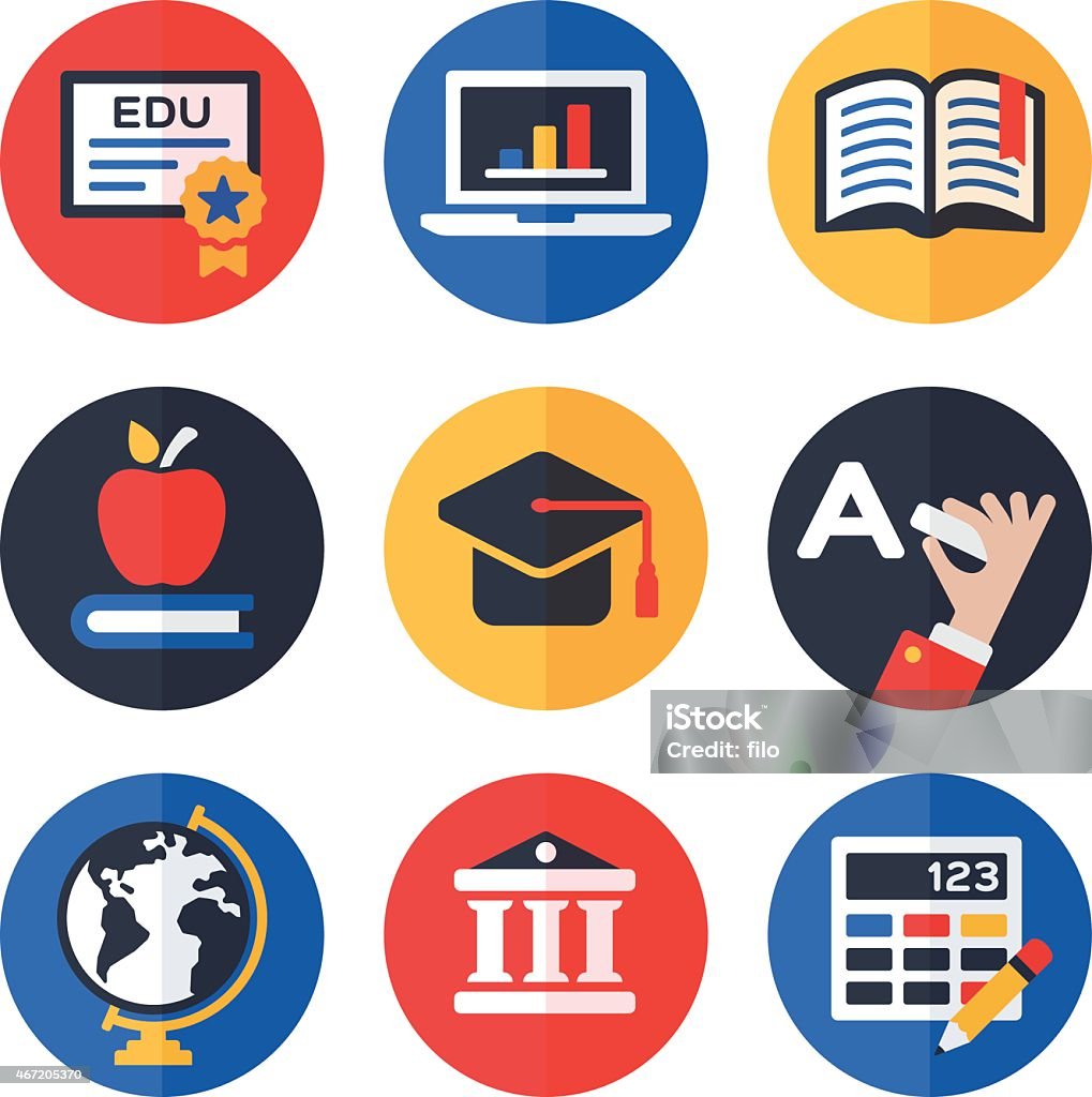 Education Symbols and Icons Education, learning and research symbols and icon collection. There are 9 symbols and icons. In the first row is a graduation diploma, a statistics laptop with a bar graph and an open book with a bookmark. In the second row is an apple sitting on top of a closed book, a mortarboard graduation cap and a hand writing the letter "A" on a chalkboard. In the third row is a geography globe, an institutional symbol and a calculator symbol. EPS 10 file. Transparency effects used on highlight elements. Education stock vector