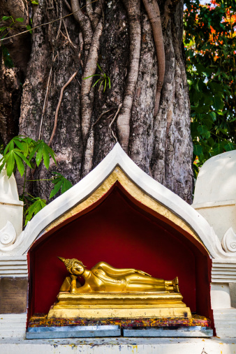 Chiang Rai, Thailand - May 2, 2013: Statue of reclining Buddha at the temple named Wat Klang Wiang in Chiang Rai, Thailand.