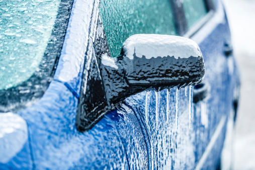 Frozen car side-view mirror.