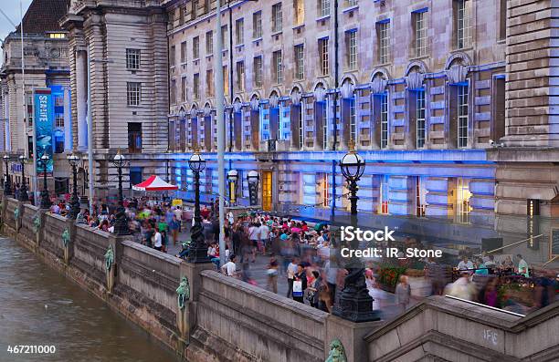 South Walk Of River Thames With Lots Of Tourists Stock Photo - Download Image Now - 2015, Architecture, Arranging