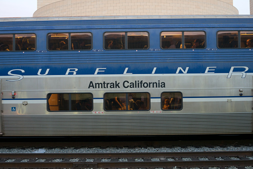 Los Angeles, California, USA - March 15, 2015: Amtrak's Pacific Surfliner stops at Union Station in Los Angeles, California. Connecting San Luis Obispo and San Diego through Los Angeles and Santa Barbara, the Pacific Surfliner offers a unique vantage on the Southern California seascape.