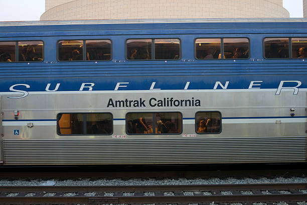 Amtrak's Pacfic Surfliner at Los Angeles Union Station Los Angeles, California, USA - March 15, 2015: Amtrak's Pacific Surfliner stops at Union Station in Los Angeles, California. Connecting San Luis Obispo and San Diego through Los Angeles and Santa Barbara, the Pacific Surfliner offers a unique vantage on the Southern California seascape. Amtrak stock pictures, royalty-free photos & images