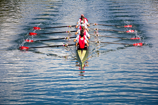 Zagreb, Croatia - September 21, 2014: Young athletes train rowing on the Lake Jarun.
