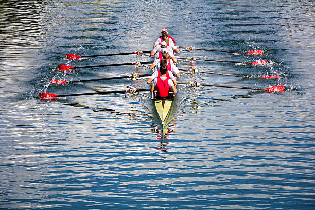 Eight men rowing Zagreb, Croatia - September 21, 2014: Young athletes train rowing on the Lake Jarun. sports team stock pictures, royalty-free photos & images