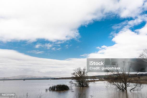 Flood A Natural Phenomenon Beautiful Blue Sky Stock Photo - Download Image Now - 2015, Accidents and Disasters, Bench