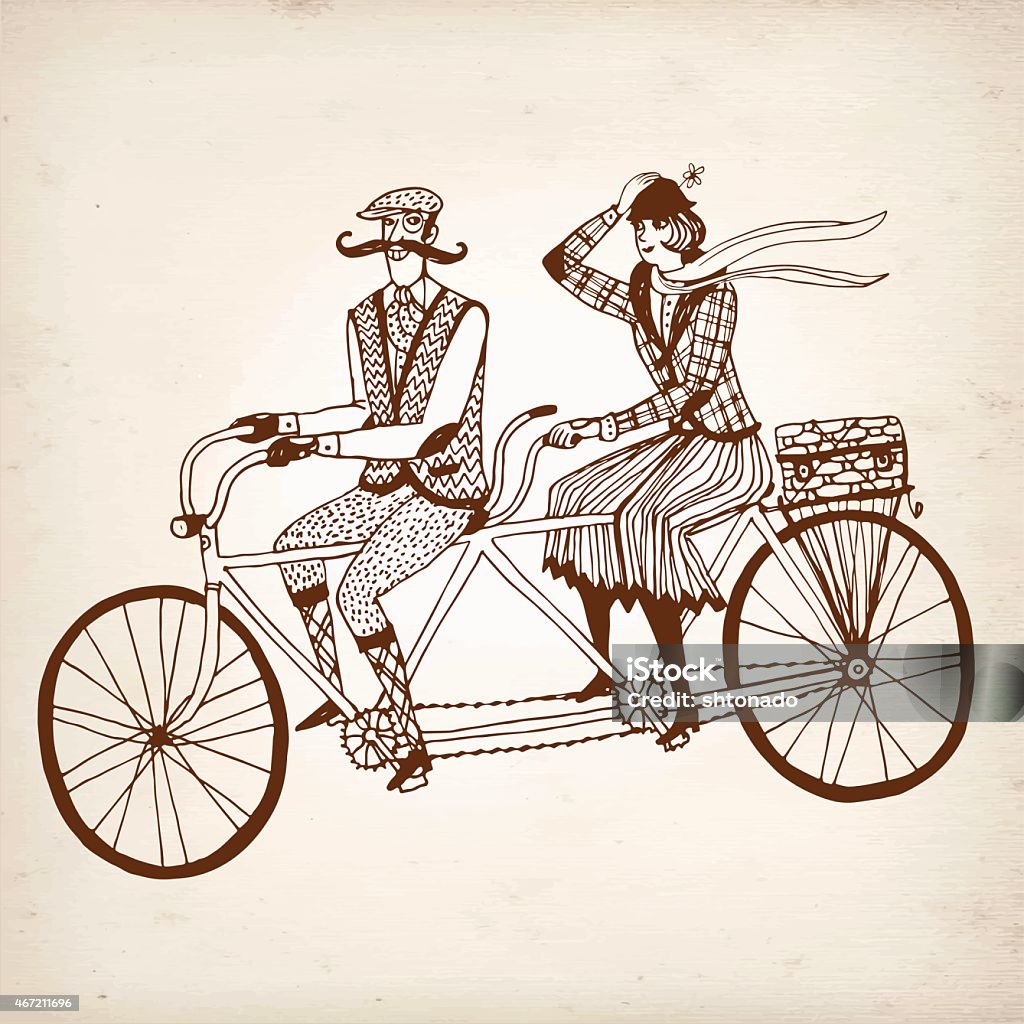 Retro cyclists vector illustration Retro hand drawn gentleman with mustaches and lady in tweed costumes on a tandem bicycle.Illustration on paper background. Bicycle stock vector