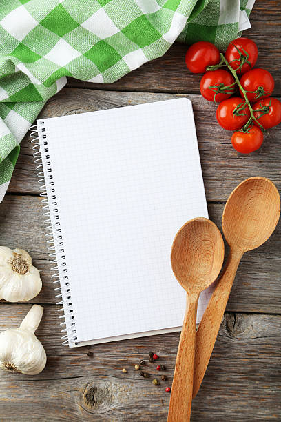 istock Open blank recipe book on grey wooden background 467212520