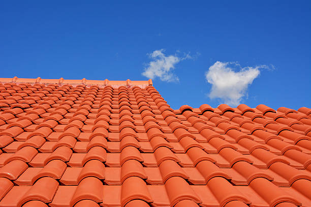 red roof texture tile red roof texture tile and blue sky with cloud in background roof tile photos stock pictures, royalty-free photos & images