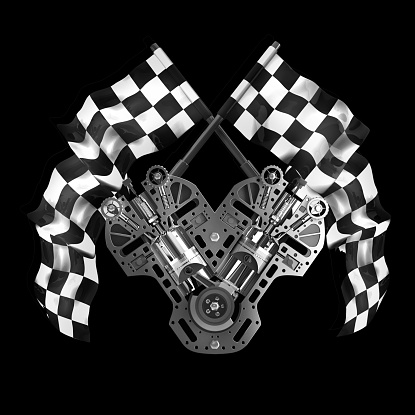 V8 Car engine. Two crossed checkered flags isolated on black background High resolution 3d render