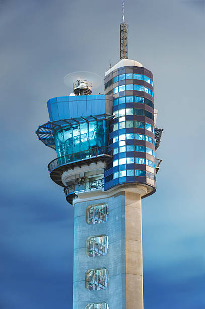istock A low view of a blue control tower with a sky background 467222661