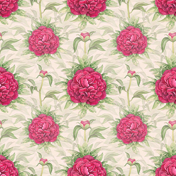 istock Watercolor illustration of peony flowers. Seamless pattern 467226365