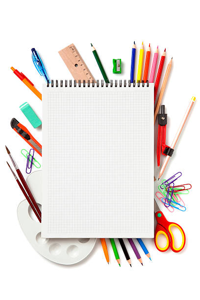 School objects School accessories set on white background paper clip office supply stack heap stock pictures, royalty-free photos & images