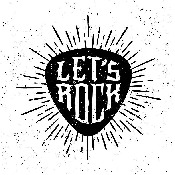 vintage rock badge monochrome hipster vintage label , badge  " let's rock " for poster ,  flayer or t-shirt print with plectrum, starburst and ray hardcore music style stock illustrations