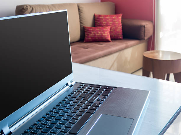 istock Open laptop with blank screen on desktop in modern office 467228448