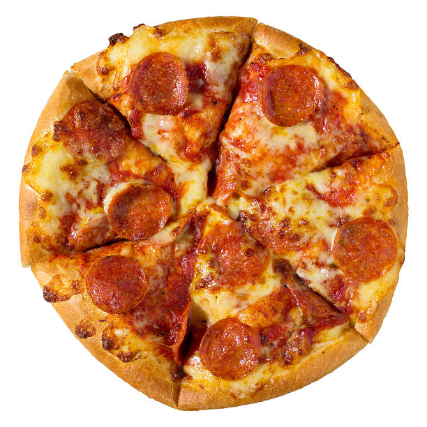 istock Pepperoni pizza from above over a white background 467228818