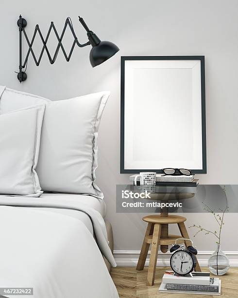 Blank Poster On The Wall Of Bedroom Mock Up Background Stock Photo - Download Image Now